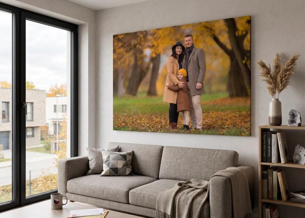 Family portrait displayed as framed canvas wall art in a living room