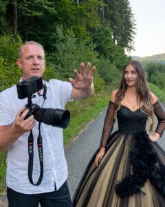 Daniel Venter directing a bride during an outdoor portrait session